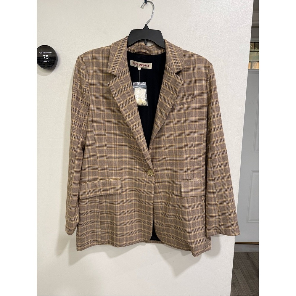 NWT Free People Crosby Plaid Blazer Sz Large In WINTER WHEAT